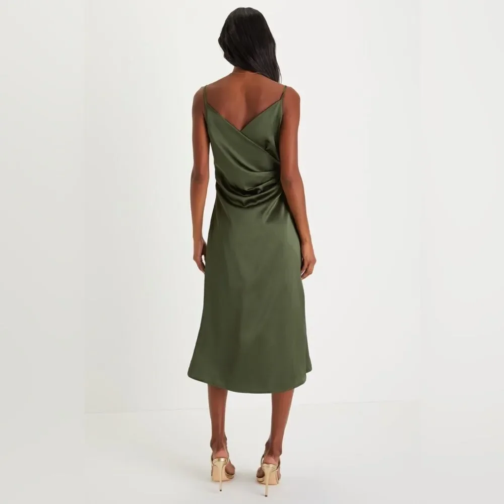 Lulus Simplicity of Love Olive Green Satin A-Line Midi‎ Dress